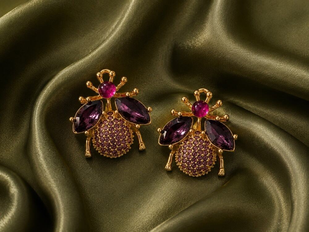 Museum Antique Bee Earrings Gold Crystal Insect Bug Cottagecore VTG CZ Revival